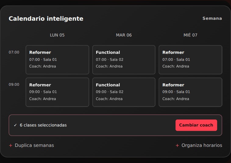 Seis clases seleccionadas. Un cambio de coach aplicado a todas.